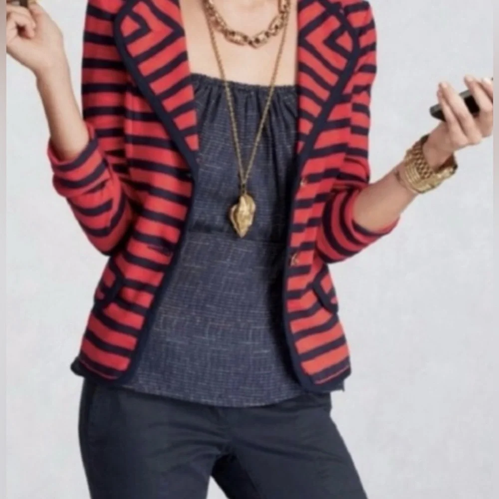 CAbi Au Revoir Yacht Club Red Blue Striped Nautical Blazer Gold Buttons XS‎